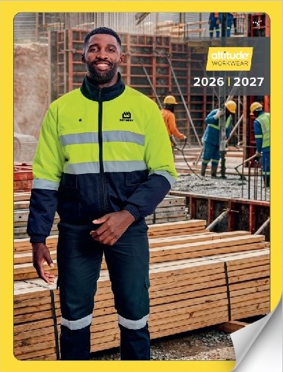 Altitude Workwear 2026 / 2027 catalogue cover with a man in a hi-vis jacket on a building site