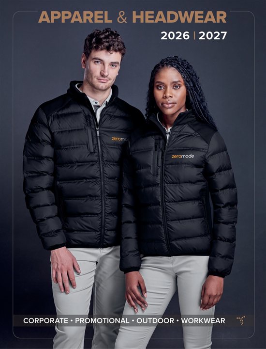 Apparel & Headwear 2026 / 2027 catalogue cover with two people in black puffer jackets