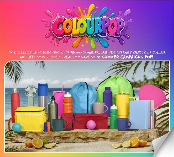 Colour Pop Collection catalogue cover with bright bottles, mugs and bags on a beach