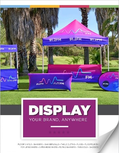 Display catalogue cover with branded gazebo, banners and tablecloths