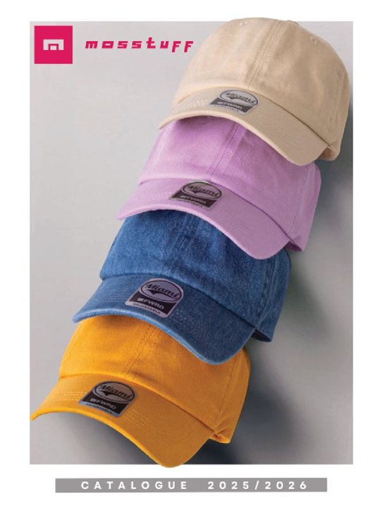 Mosstuff catalogue cover with a stack of coloured caps