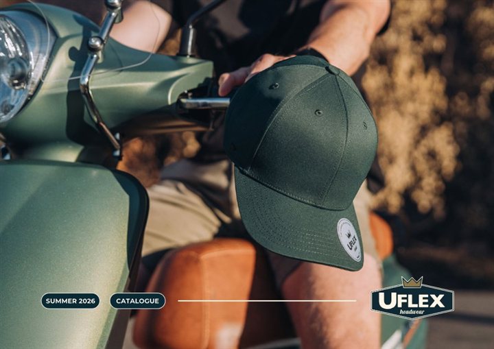 UFLEX Headwear Summer 2026 catalogue cover with a green cap