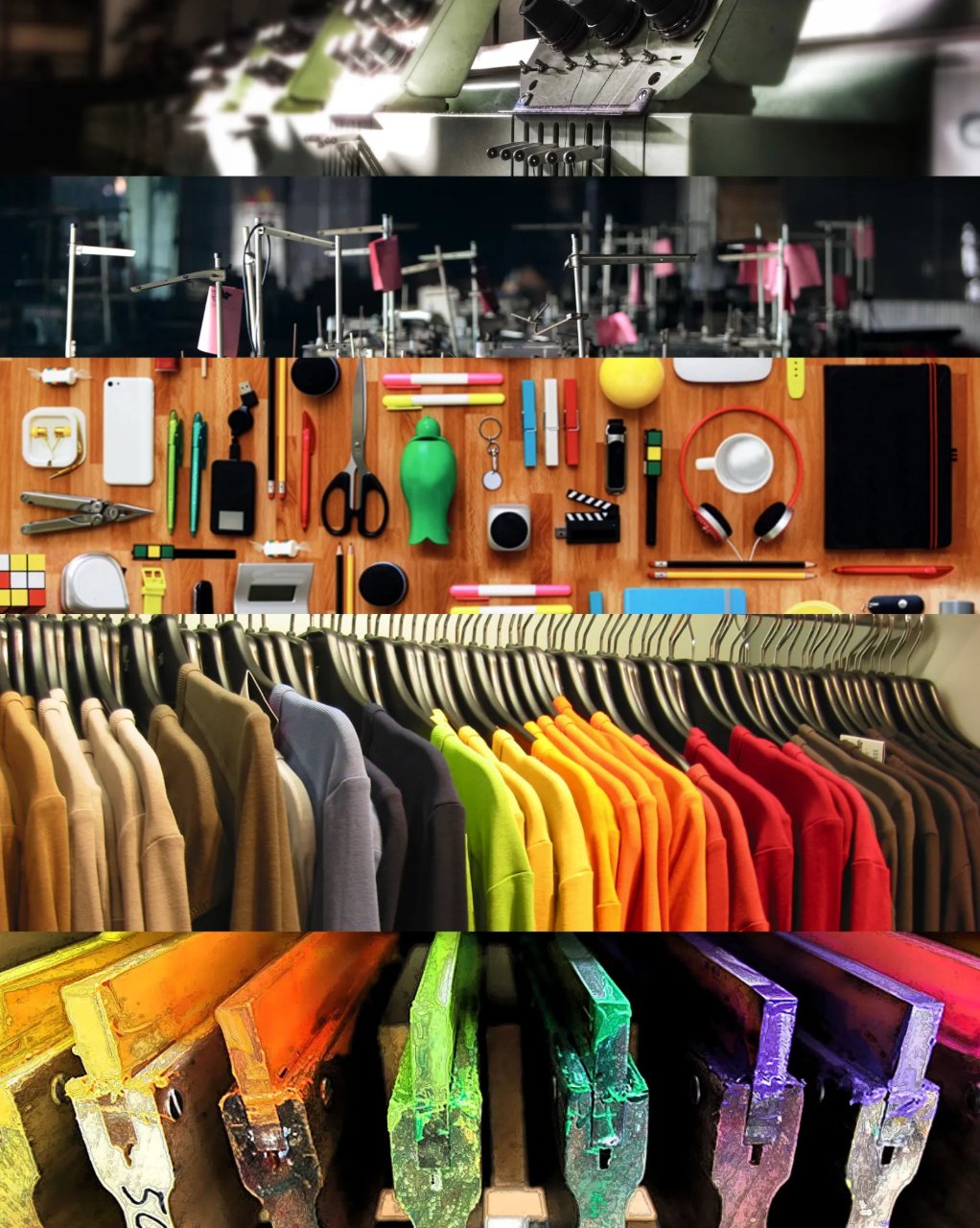 Collage of embroidery machine heads, sewing machines, promotional gifts, a rail of coloured garments and ink-covered squeegees