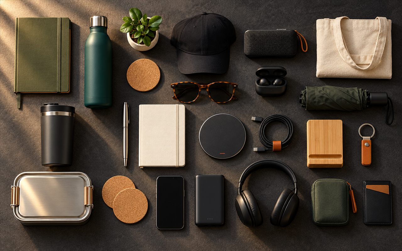 Flat lay of corporate gifts: cap, notebooks, water bottle, tumbler, tote bag, tech accessories and keyring