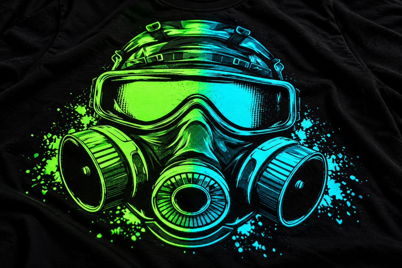 Gas mask design glowing green and cyan on a black tee