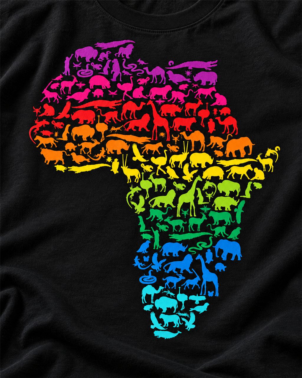 Map of Africa made of rainbow-coloured animal silhouettes, plastisol printed on a black tee